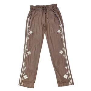 Sundance Geometric Embroidered Taupe Brown Flowy Boho Pants Size Medium